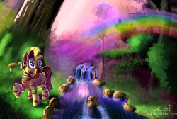 Size: 1000x673 | Tagged: safe, artist:xbi, derpibooru import, zecora, zebra, forest, rainbow, raised hoof, river, scenery, solo