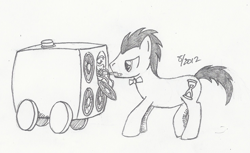 Size: 1480x907 | Tagged: safe, artist:arctic-lux, derpibooru import, doctor whooves, pony, bass cannon, doctor who, male, monochrome, solo, sonic screwdriver, stallion, traditional art