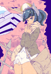 Size: 2031x2952 | Tagged: safe, artist:asprin white rabbit, derpibooru import, oc, oc only, oc:gloamgrass, clothes, coat, cute, miniskirt, moe, ocbetes, ponytail, scarf, skirt