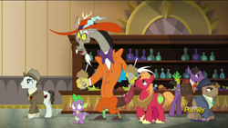 Size: 1920x1080 | Tagged: safe, derpibooru import, screencap, big macintosh, discord, spike, dragon, earth pony, pony, dungeons and discords, animation error, discovery family logo, male, stallion, zoot suit