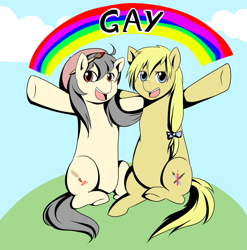 Size: 1185x1200 | Tagged: safe, artist:meewin, derpibooru import, oc, oc only, oc:moon brush, earth pony, pony, female, gay pride, gay pride flag, lesbian, lgbt, mare, oc x oc, pride, rainbow, shipping