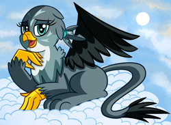 Size: 2592x1900 | Tagged: safe, artist:radek1212, derpibooru import, gabby, griffon, the fault in our cutie marks, cloud, looking at you, sky, solo