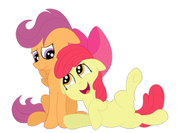 Size: 2592x1936 | Tagged: safe, artist:squipycheetah, derpibooru import, apple bloom, scootaloo, pony, adorabloom, cute, cutealoo, female, floppy ears, happy, lesbian, looking down, looking up, mare, open mouth, raised hoof, raised leg, scootabloom, shipping, simple background, sitting, smiling, transparent background, underhoof, vector