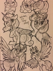 Size: 2448x3264 | Tagged: safe, artist:snowfoxythefox, derpibooru import, princess flurry heart, bust, flying, heart eyes, lineart, lying down, monochrome, older, one eye closed, pencil drawing, portrait, sitting, sketch, sketch dump, smiling, solo, text, tongue out, traditional art, wingding eyes, wink, wip