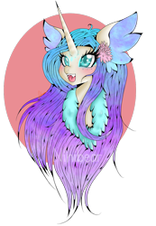 Size: 884x1280 | Tagged: safe, artist:niniibear, derpibooru import, oc, oc only, adoptable, blue, bust, closed, colored pupils, cute, diffrent ears, expression, fluffy, happy, portrait, purple, solo, species, sweet