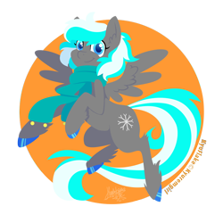 Size: 950x950 | Tagged: safe, artist:raygirl, derpibooru import, oc, oc only, oc:kyuflake, pegasus, pony, clothes, colored hooves, cutie mark, female, hoof fluff, hooves, lineless, mare, scarf, smiling, solo, spread wings, wings