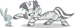 Size: 3480x1311 | Tagged: safe, artist:vector-brony, derpibooru import, angel bunny, oc, oc only, oc:xenith, rabbit, zebra, fallout equestria, crouching, doombunny, fanfic, fanfic art, female, mare, petrification, reaching out, scar, signature, simple background, solo, statue, transparent background, vector, zebra oc