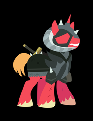 Size: 3373x4409 | Tagged: safe, artist:lucasaldebrandi, derpibooru import, big macintosh, earth pony, pony, unicorn, dungeons and discords, black background, dungeons and dragons, helmet, horned helmet, lineless, male, ogres and oubliettes, race swap, simple background, sir mcbiggen, solo, stallion, unicorn big mac