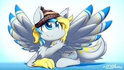 Size: 1920x1080 | Tagged: safe, artist:dshou, derpibooru import, oc, oc only, oc:cirrus sky, hippogriff, original species, beanie, cutie mark, hat, male, playing with hair, smiling, solo, talons