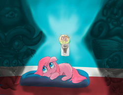 Size: 1398x1080 | Tagged: safe, artist:fluffsplosion, derpibooru import, fluffy pony, afraid of the dark, cushion, floppy ears, looking up, monster, nightlight, prone, scared