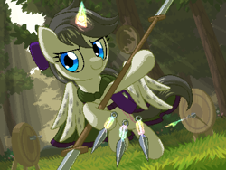 Size: 800x600 | Tagged: safe, artist:rangelost, derpibooru import, oc, oc only, oc:prismwind, alicorn, pony, bow, cloak, clothes, hair bow, knife, kunai, levitation, magic, pixel art, saddle bag, smirk, solo, spear, spotted wings, target, telekinesis, throwing knife, weapon