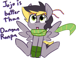 Size: 754x575 | Tagged: safe, artist:kryptchild, derpibooru import, oc, oc only, oc:aero, pegasus, pony, clothes, colt, cosplay, costume, femboy, jojo's bizarre adventure, joseph joestar, male, offspring, parent:derpy hooves, parent:oc:warden, parents:canon x oc, parents:warderp, scarf, simple background, solo, transparent background