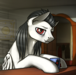 Size: 1211x1194 | Tagged: safe, artist:dipfanken, derpibooru import, oc, oc only, bat pony, pony, bar, beverage, crepuscular rays, cup, fangs, looking at you, morning, morning ponies, red eyes, solo