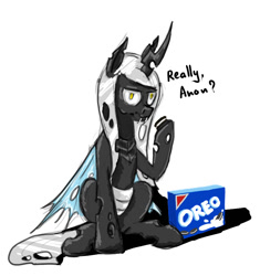 Size: 834x886 | Tagged: safe, artist:ponyjob, derpibooru import, oc, oc only, changeling, changeling oc, cookie, dialogue, food, looking at you, oreo, sitting, solo, white changeling