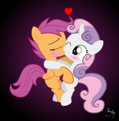 Size: 4500x4565 | Tagged: safe, artist:ruxify, derpibooru import, scootaloo, sweetie belle, absurd resolution, cute, female, heart, kiss on the cheek, kissing, lesbian, scootabelle, shipping, show accurate, vector