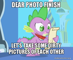 Size: 554x454 | Tagged: safe, derpibooru import, edit, edited screencap, screencap, photo finish, spike, dragon, friendship is magic, caption, image macro, letter, male, meme, quill, spike's love letters, tongue out