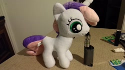Size: 2688x1520 | Tagged: safe, artist:onlyfactory, derpibooru import, sweetie belle, bootleg, doll, electronic cigarette, exploitation, female, irl, photo, plushie, toy, vape, vaping