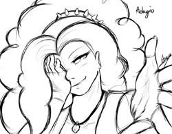 Size: 1280x1005 | Tagged: safe, artist:starykrow, adagio dazzle, equestria girls, clothes, facepalm, fingerless gloves, gloves, hairband, hand, jewelry, monochrome, necklace, sketch, smiling, solo