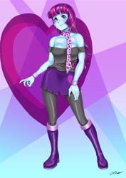 Size: 4133x5846 | Tagged: safe, artist:oliver-el-mediocre, derpibooru import, mystery mint, equestria girls, abstract background, absurd resolution, background human, boots, breasts, clothes, female, heart, high heel boots, latex, latex boots, leggings, nail polish, scarf, shoes, signature, skirt, solo