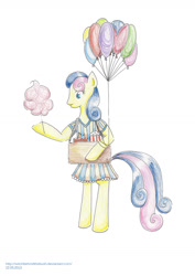 Size: 1024x1448 | Tagged: safe, artist:witchbehindthebush, derpibooru import, bon bon, sweetie drops, pony, balloon, bipedal, cotton candy, food, solo, traditional art