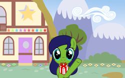 Size: 6065x3778 | Tagged: safe, artist:nupiethehero, derpibooru import, oc, oc only, oc:merry day, earth pony, pony, cute, nupie's house, ponyville, show accurate, solo, waving