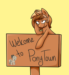 Size: 1280x1386 | Tagged: safe, artist:caballerial, derpibooru import, oc, oc only, oc:sign, oc:stone, pony, unicorn, :t, freckles, pointing, pony town, sign, simple background, solo