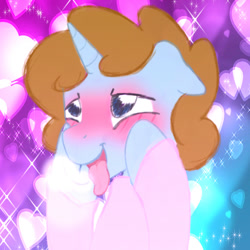 Size: 1024x1024 | Tagged: safe, artist:timidwithapen, derpibooru import, oc, oc only, oc:drawalot, pony, unicorn, :p, blushing, heart, solo, tongue out