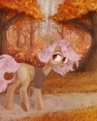 Size: 2000x2500 | Tagged: safe, artist:milka-pony, derpibooru import, oc, oc only, pony, unicorn, autumn, clothes, forest, path, shirt, solo, tree