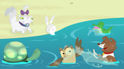 Size: 3475x1944 | Tagged: safe, artist:porygon2z, derpibooru import, angel bunny, gummy, opalescence, owlowiscious, tank, winona, pet six, water