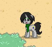 Size: 201x179 | Tagged: safe, derpibooru import, oc, oc only, oc:joyride, pony, unicorn, clothes, color, colt quest, cutie mark, dirt, eyeshadow, female, grass, grin, horn, makeup, mare, pony town, scarf, smiling, solo, sprite