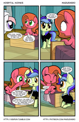 Size: 1280x1978 | Tagged: safe, artist:wadusher0, nurse redheart, oc, oc:daydream, oc:pun, earth pony, pony, unicorn, comic:hospital hijinks, clothes, comic, female, mare, prone