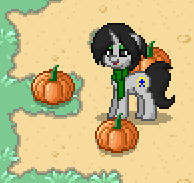 Size: 194x183 | Tagged: safe, derpibooru import, oc, oc only, oc:joyride, pony, unicorn, clothes, color, colt quest, cutie mark, dirt, eyeshadow, female, food, grass, grin, horn, makeup, mare, pony town, pumpkin, scarf, smiling, solo, sprite