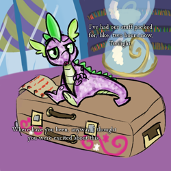 Size: 600x600 | Tagged: safe, artist:sallindaemon, derpibooru import, spike, dragon, list, luggage, propheverse, solo