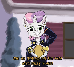 Size: 900x814 | Tagged: safe, artist:sensko, derpibooru import, sweetie belle, anthro, crossover, diamond is unbreakable, jojo's bizarre adventure, josuke higashikata, solo, subtitles