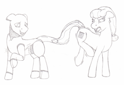 Size: 1577x1085 | Tagged: safe, artist:parallel black, oc, oc only, oc:robrrrt, object pony, original species, pony, robot, robot pony, accident, angry, duo, monochrome, ponified, sketch, sucking, vacuum cleaner, vacuum cleaner pony