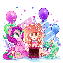 Size: 900x900 | Tagged: safe, artist:ipun, derpibooru import, oc, oc only, oc:fawn, oc:gadget, oc:precious metal, earth pony, pegasus, pony, balloon, birthday party, blushing, cake, female, food, heart, heart eyes, mare, party, simple background, white background, wingding eyes