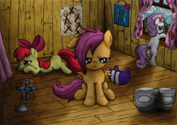 Size: 5232x3701 | Tagged: safe, artist:metadragonart, derpibooru import, apple bloom, scootaloo, sweetie belle, absurd file size, absurd resolution, blank flank, clubhouse, crusaders clubhouse, cutie mark crusaders, fan, helmet, sad