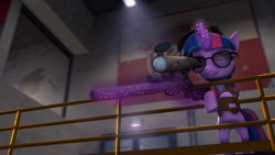 Size: 1024x576 | Tagged: safe, artist:ata64, derpibooru import, twilight sparkle, pony, unicorn, 3d, catwalk, clothes, crossover, door, female, glasses, glowing horn, gun, hat, hooves, horn, levitation, magic, mare, one eye closed, optical sight, poster, rifle, sign, sniper, sniper rifle, solo, source filmmaker, sunglasses, team fortress 2, teeth, telekinesis, vest, weapon