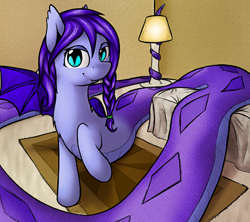 Size: 4320x3840 | Tagged: safe, artist:ampderg, oc, oc only, oc:amplitude, bat pony, lamia, original species, absurd resolution, bed, bedroom, braid, cute, female, impossibly long tail, lamp, long tail, perspective, rug, slit eyes, solo