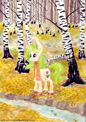 Size: 2469x3508 | Tagged: safe, artist:sanya-mosaica, derpibooru import, oc, oc only, oc:blooming pencil, autumn, forest, river, solo, traditional art