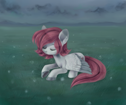 Size: 2000x1669 | Tagged: safe, artist:milka-pony, derpibooru import, oc, oc only, pegasus, pony, eyes closed, field, sleeping, solo, spread wings, wings