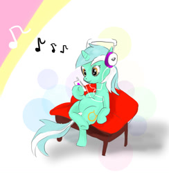 Size: 1179x1206 | Tagged: safe, artist:redowo, derpibooru import, lyra heartstrings, pony, unicorn, abstract background, cute, headphones, lyrabetes, mp3 player, music, music notes, sitting, smiling, solo