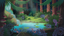 Size: 540x302 | Tagged: safe, derpibooru import, screencap, equestria girls, legend of everfree, background, forest, mushroom, photo, pine tree, plant, pond, scenery, scenery porn, tree, waterfall