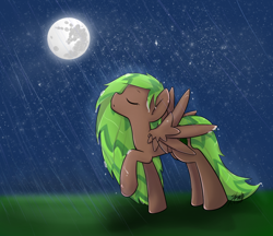 Size: 1024x883 | Tagged: safe, artist:midnightpremiere, derpibooru import, oc, oc only, oc:watermelon splash, eyes closed, mare in the moon, moon, night, rain, solo, stars