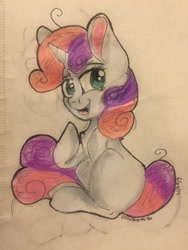 Size: 2448x3264 | Tagged: safe, artist:snowfoxythefox, derpibooru import, sweetie belle, chest fluff, colored, colored pencil drawing, colored sketch, pencil, pencil drawing, sitting, smiling, solo, traditional art