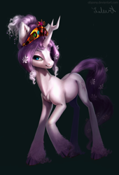 Size: 1280x1882 | Tagged: safe, artist:lulemt, derpibooru import, oc, oc only, oc:harmony (heilos), pony, unicorn, big crown thingy, black background, cloven hooves, commission, digital art, female, flower, flower in hair, jewelry, looking at you, mare, ponified, regalia, simple background, solo, tree of harmony, unshorn fetlocks
