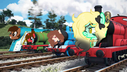 Size: 1024x577 | Tagged: safe, artist:frostythepegasus, derpibooru import, oc, oc only, crossover, inanimate tf, not salmon, this will end in steam, thomas the tank engine, train, train pony, trainified, wat