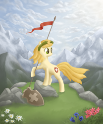 Size: 1750x2100 | Tagged: safe, artist:cyberdrace, derpibooru import, earth pony, pony, featured image, female, flower, helvetia, laurel wreath, looking to side, looking to the right, mare, mountain, nation ponies, national ponification, ponified, rock, solo, switzerland