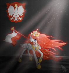 Size: 1719x1832 | Tagged: safe, artist:kocurzyca, derpibooru import, oc, oc only, oc:queen poland, alicorn, pony, alicorn oc, coat of arms, crepuscular rays, crown, female, flag, heraldry, jewelry, mare, mouth hold, nation ponies, poland, polish flag, ponified, princess, raised hoof, raised leg, red mane, regalia, smiling, solo, sparkles