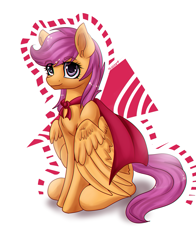 Size: 1353x1728 | Tagged: safe, artist:the---sound, derpibooru import, scootaloo, cape, clothes, cmc cape, solo